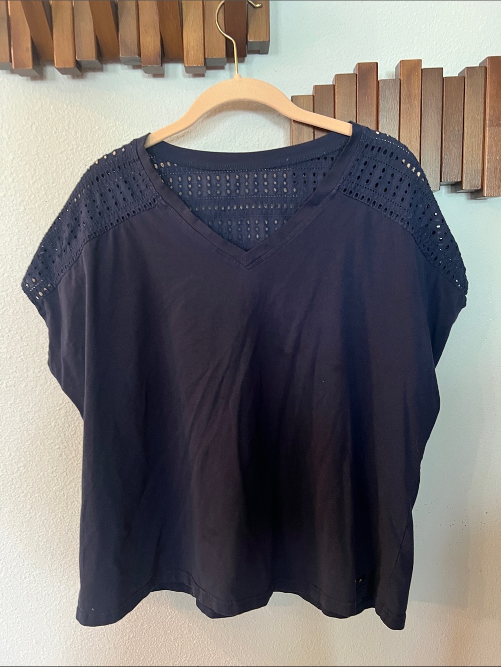 Source Unknown Navy Eyelet-Trim V-Neck Tunic Top